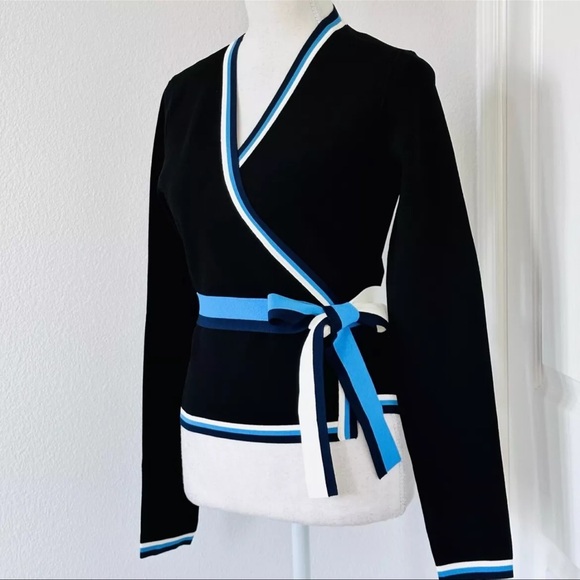 NWT DVF Knit Wrap Tops Black Long Sleeve Stripe - Picture 6 of 12